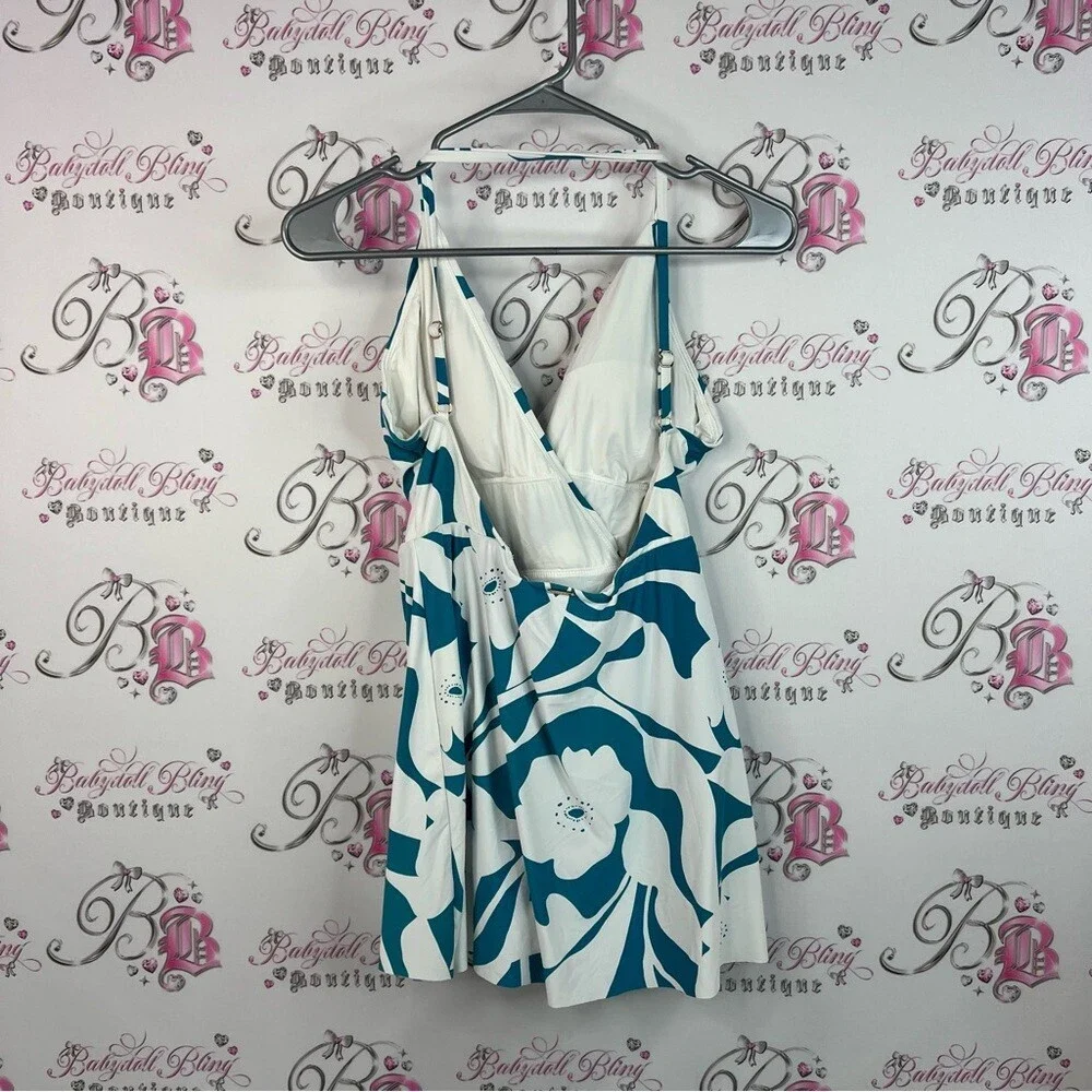 Anne Cole bathing suit one piece dress look Teal and White Floral flowers